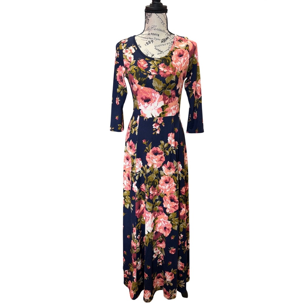 Tea N Rose Navy Pink Floral 3/4 Sleeve Maxi Dress AD63292‎ Small
